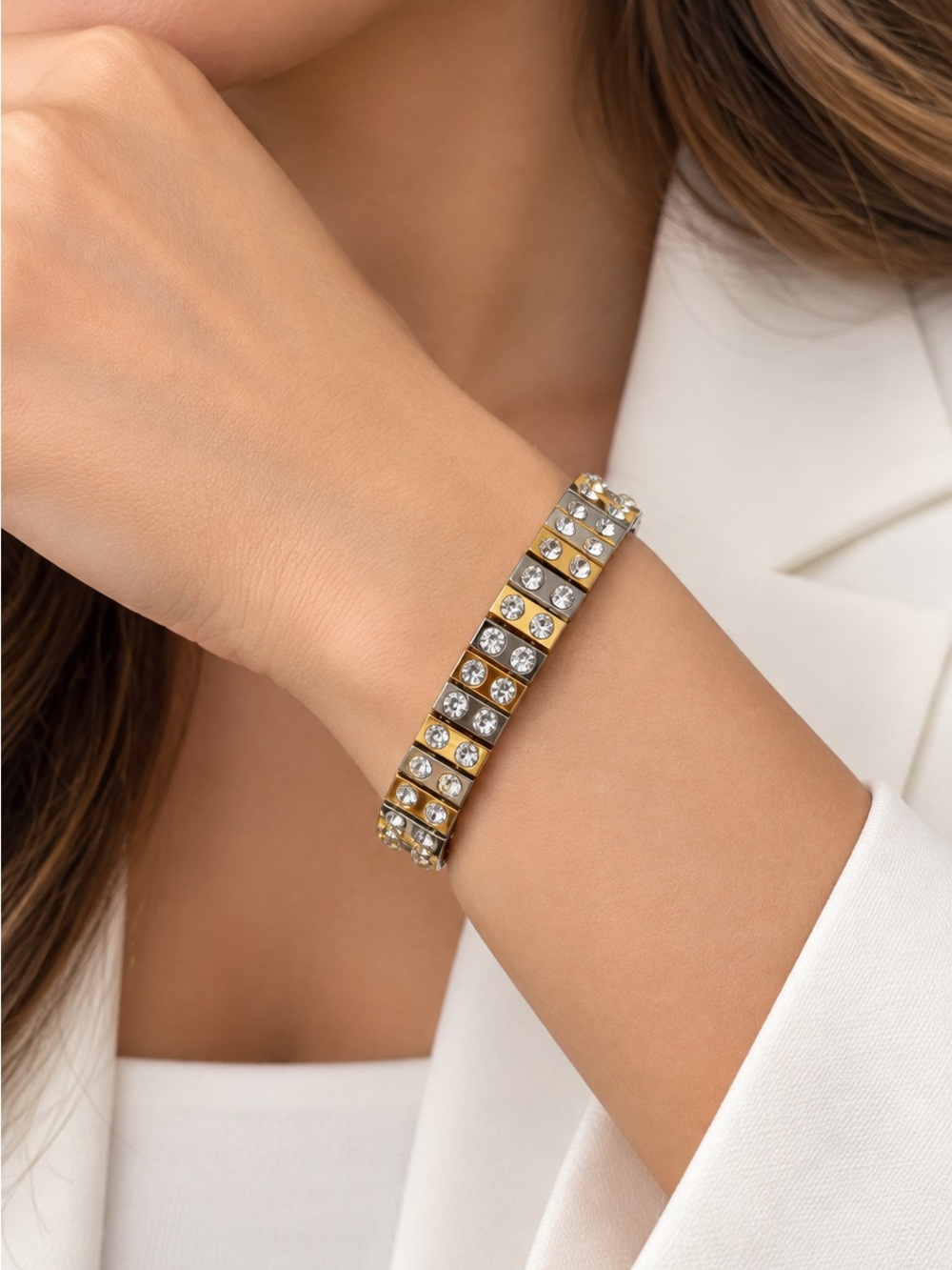 Gold and Clear Crystal Stretch Bracelet Rhinstone Eladtic Bracelet/ Statement